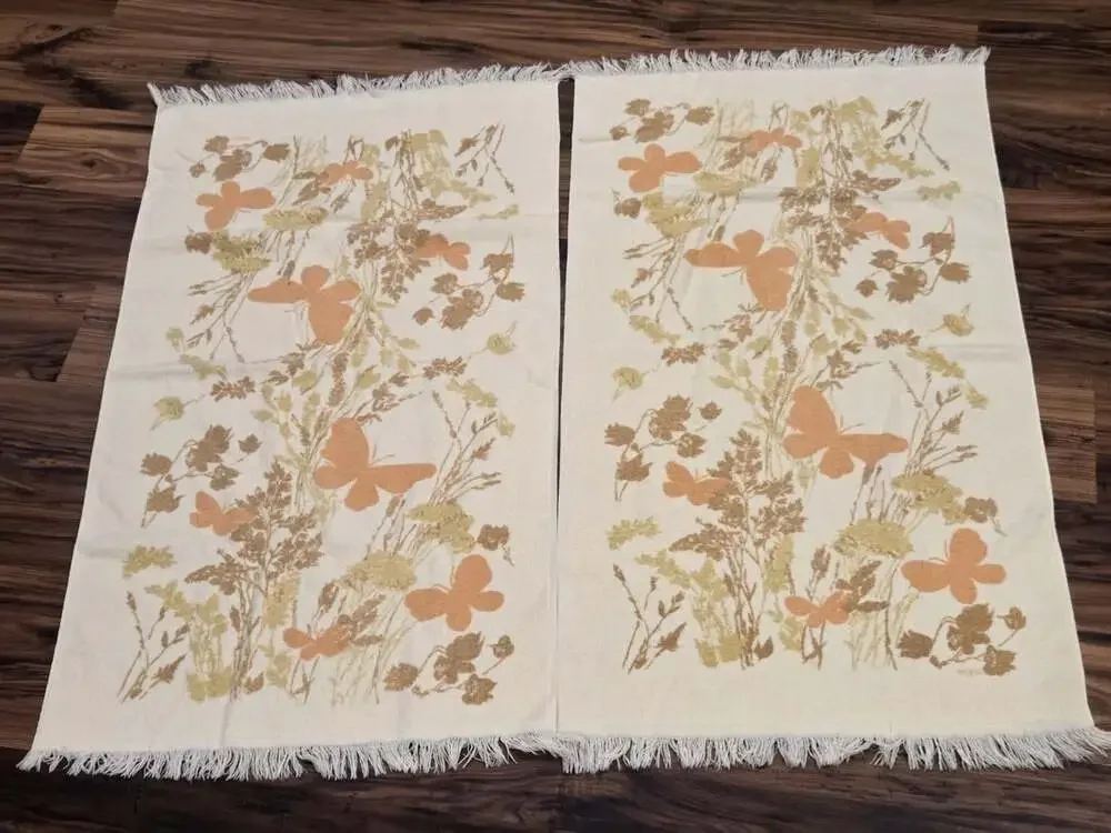 Vintage Cannon Towel Set 3 Piece Retro Floral Butterfly Fringe Yellow Orange